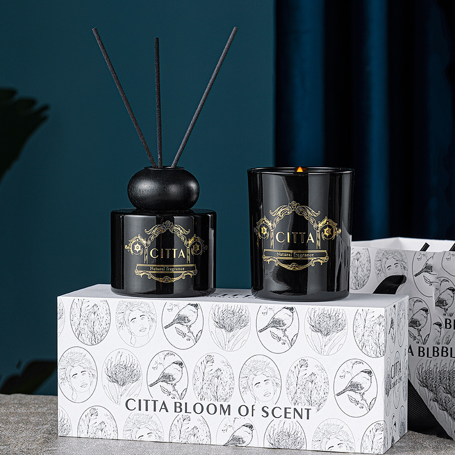 Black and white art scented candle set box custom home fragrance with hand gift wood cover fire free perfume gift box wholesale Item Picture